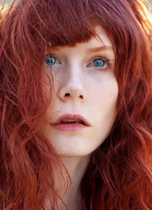 Image similar to close up portrait photograph of a thin young redhead woman with russian descent, sunbathed skin, with deep blue eyes. Wavy long maroon colored hair. she looks directly at the camera. Slightly open mouth, face takes up half of the photo. a park visible in the background. 55mm nikon. Intricate. Very detailed 8k texture. Sharp. Cinematic post-processing. Award winning portrait photography. Sharp eyes.