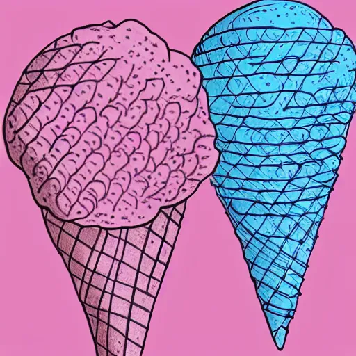 Image similar to cute wobbly eyes mouth pink ice cream, blue waffle cone, 2 0 2 2 intricate concept art, line drawing