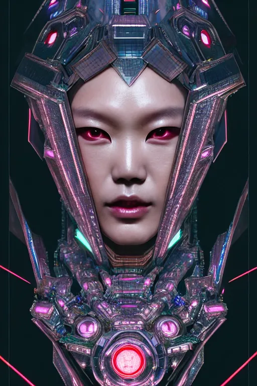 Image similar to akira from chinese mythology, hi - tech luciferian synthetic, gorgeous and huge head ornaments, dystopian, cyberpunk, mecha, halfturn portrait of a big crystal face made of crystals half - turn, ominous, intricate, studio, art by anthony macbain + greg rutkowski + alphonse mucha, concept art, 4 k, sharp focus