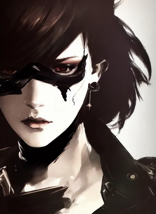 Image similar to Half body portrait of young woman with short hair, eyepatch, white shirt, ornate leather jacket. In style of Yoji Shinkawa and Hyung-tae Kim, trending on ArtStation, dark fantasy, great composition, concept art, highly detailed, dynamic pose.