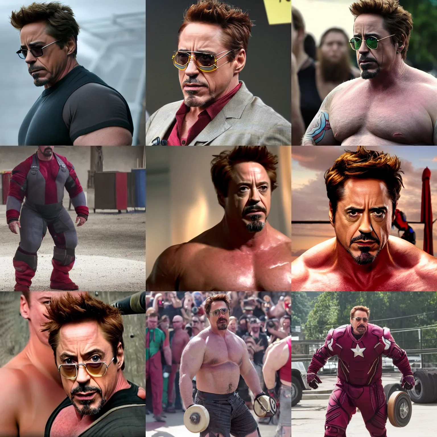 Prompt: robert downey jr as a big burly padded strongman, 4 k hd