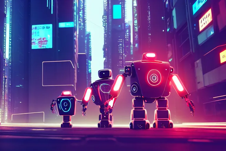 Image similar to a cute big robots in a cyberpunk city. super realistic 8 k render of a elegant, cinematic composition