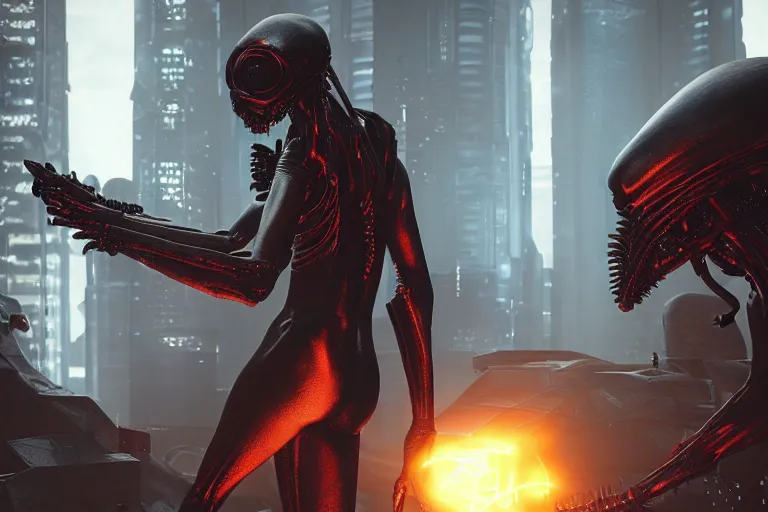 Image similar to cyberpunk alien concept inspired hell, futuristic look, highly detailed body, very powerful, photorealistic camera shot, bright studio setting, studio lighting, crisp quality and light reflections, unreal engine 5 quality render