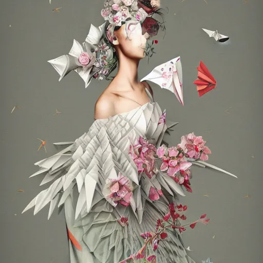 Image similar to 3 / 4 view of a beautiful girl wearing an origami dress, eye - level medium shot, fine floral ornaments in cloth and hair, hummingbirds, elegant, by eiko ishioka, givenchy, banksy, by peter mohrbacher, centered, fresh colors, origami, fashion, detailed illustration, vogue, japanese, reallusion character creator