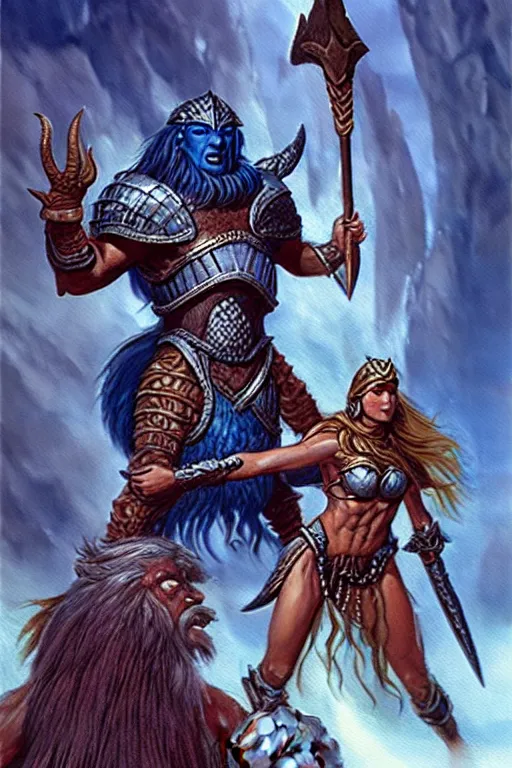 Image similar to a small blue-skinned triton girl wearing scale armor riding on a the shoulders of a large male goliath wearing fur and leather armor, dnd concept art, painting by Jeff Easley