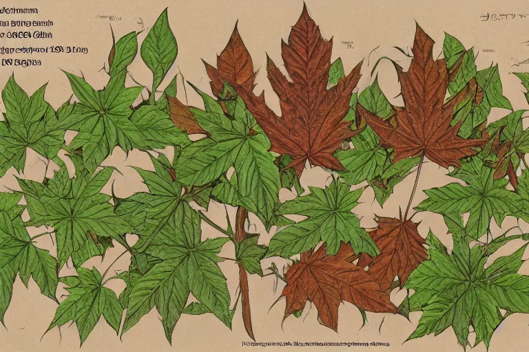 Image similar to high resolution scan of the leaves of an old cursed herbarium, by akira toriyama, by john howe, infographic, textbook, marginalia