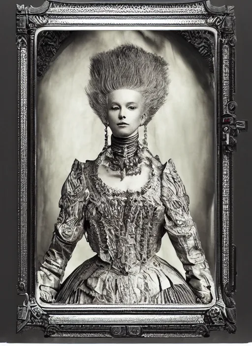 Image similar to old wetplate daguerreotype frame portrait of a futuristic silver armored marie antoinette emperor district 9 cyborg, fractal, intricate, elegant, highly detailed, subsurface scattering, by jheronimus bosch and greg rutkowski and louis jacques mande daguerre