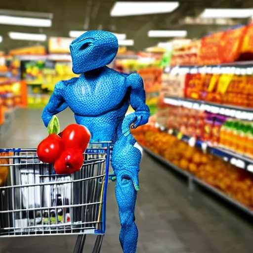 Image similar to mid shot of an alien buying groceries at the store shot by amanda carlson and alex strelkovv, professional photo, masterpiece, very detailed, hyper - realistic, cinematic, 4 k