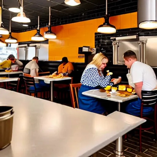 Image similar to busy wafflehouse interior with customers eating breakfast and wafflehouse employees serving food and cooking behind countertop