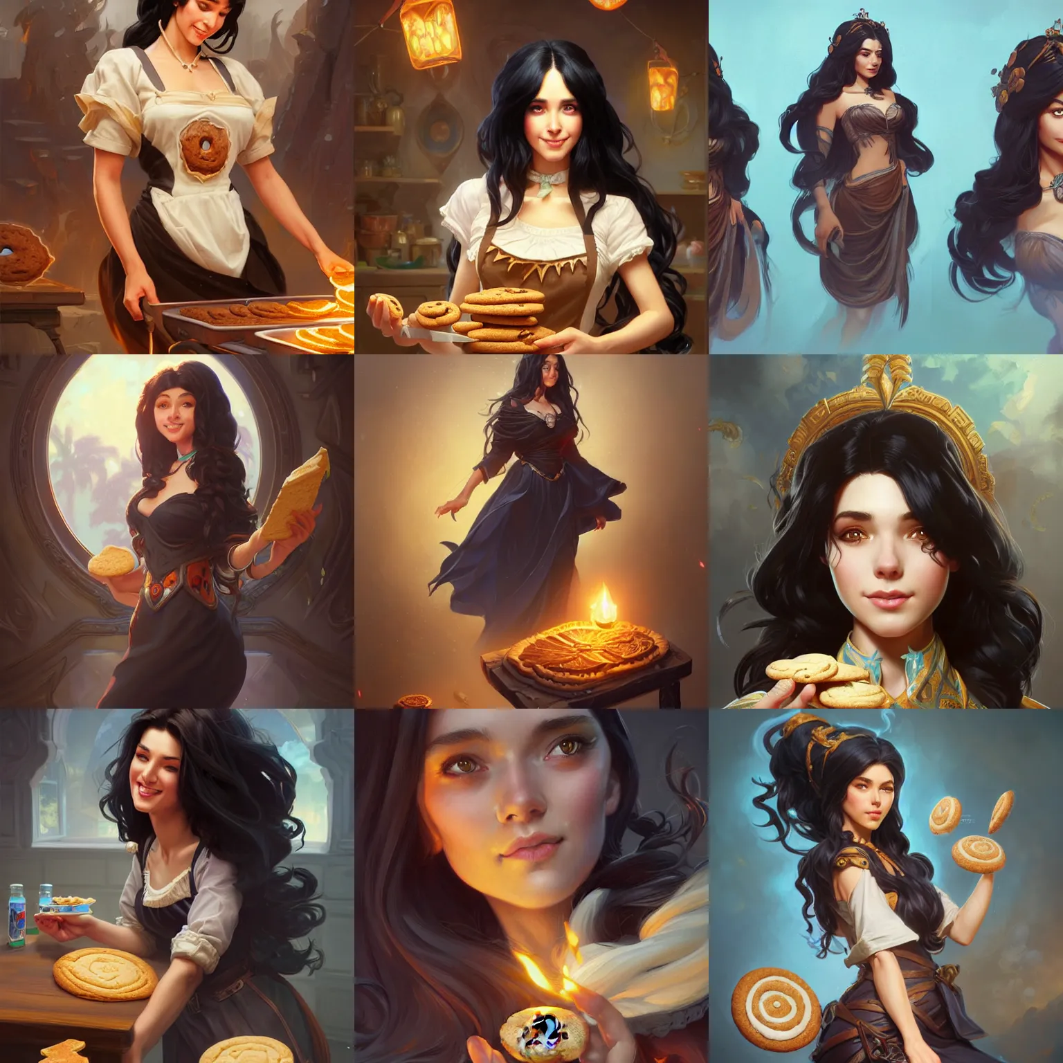 Prompt: cheerful older sister with long voluminous black hair baking cookies, full body shot, intricate, highly detailed, digital painting, artstation, concept art, matte, sharp focus, illustration, hearthstone, art by artgerm and greg rutkowski and alphonse mucha