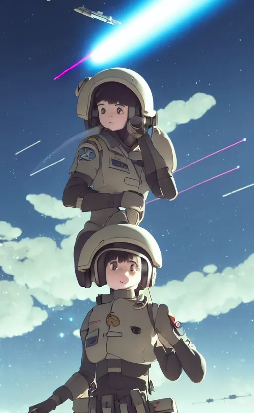 Prompt: a cute pilot girl dogfighting a ufo with lasers, black sky background, battlefield landscape, illustration concept art anime key visual trending pixiv fanbox by wlop and greg rutkowski and makoto shinkai and studio ghibli and kyoto animation, soldier clothing, military weaponry, piston engines fused legs, flashy lights