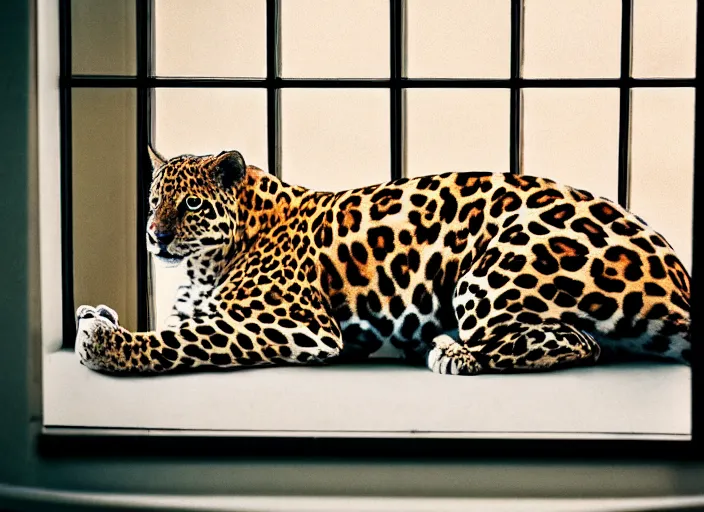 Image similar to photography of a Jaguar Cat . watching outside the window. on a bed. in a 70's room full of vinyls and posters, photorealistic, award winning photo, 100mm, sharp, high res