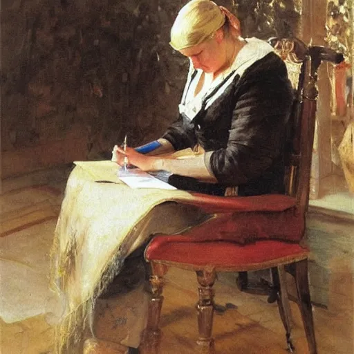 Image similar to a woman is writing a letter with a golden feather pen, by anders zorn, oil painting