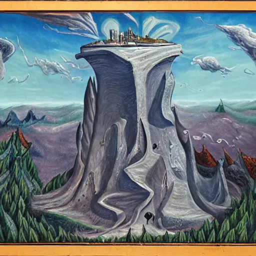 Prompt: the weird Wizard and his quest to topple the wicked tower, surrealist landscape painting