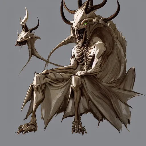 Image similar to concept art painting of a dragonlike anthropomorphic humanoid creature with a long dragon neck and horned skull mask, sitting on a throne, realistic, detailed, cel shaded, in the style of makoto shinkai and greg rutkowski and studio ghibli and moebius