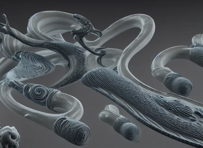 Prompt: an arrangement of ceramic pipes in the shape of vocal tracts ejecting a pattern of fractal jet streams of air, xenomorph, highly detailed, 8 k, octane,