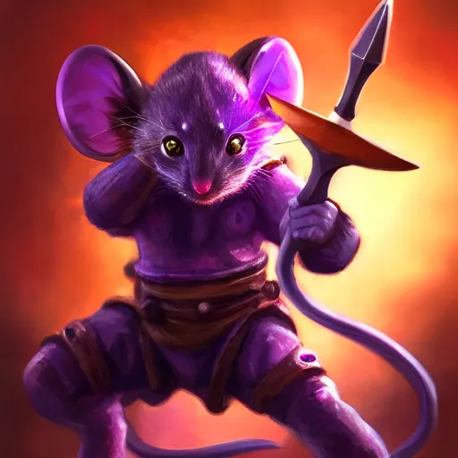 Prompt: mouse warrior reaching for a floating purple crystal with the other, Digital Oil Painting, trending on Artstation, highly detailed, 8k, UHD