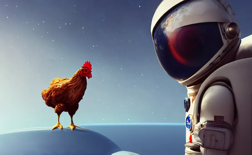 Image similar to a chicken wearing a astronaut suit in a alien planet, profile picture, digital art, concept art, trending on DeviantArt, highly detailed, high quality, 4K, cartoon, high coherence, path traced, blue sky in the background, octane render, digital painting