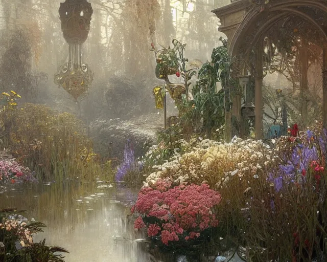 Image similar to a beautifull intricate winter garden with many flowers, reflexions, verry high details by william turner art, greg rutkowski and alphonse mucha, trending on artstation, very very detailed, masterpiece, - h 7 0 4