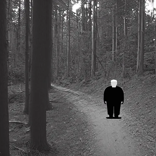 Image similar to creepy trail cam footage of an obese Donald trump hiding in the darkness