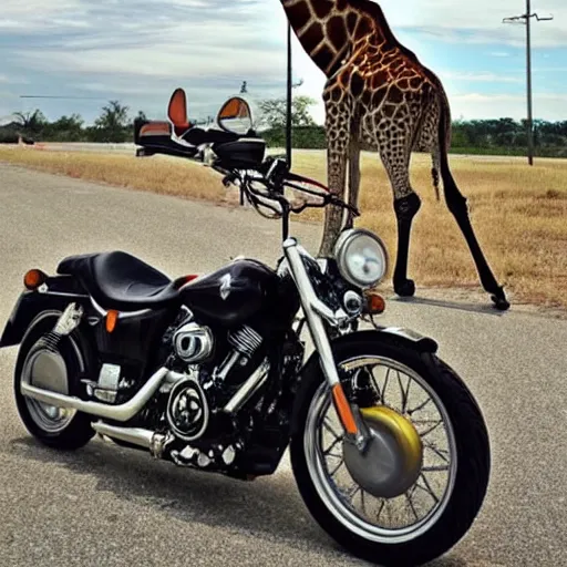 Prompt: giraffe on a Harley Davidson on the road, funny picture
