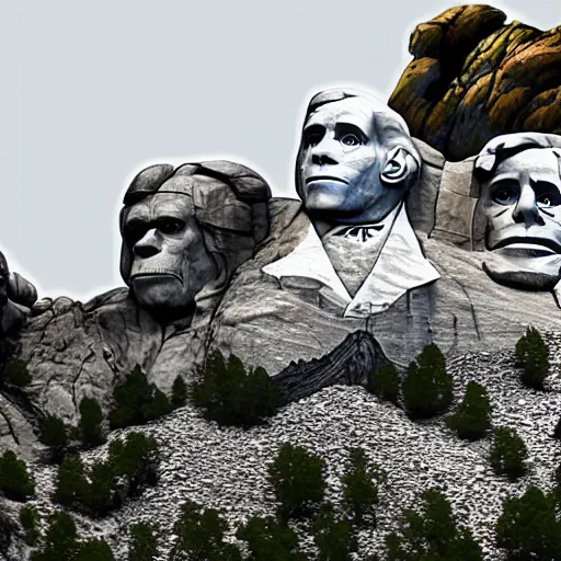Prompt: Mount Rushmore is halfway through being renovated by the apes from Planet of the Apes