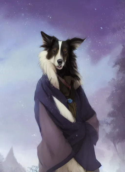 Prompt: wide angle beautiful full body portrait of a cute male anthropomorphic anthro border collie fursona wearing indigo robes in a park, character design by charlie bowater, henry asencio, and ross tran, disney, anime, scenic background, detailed, glamor pose, aesthetic, trending on artstation, furaffinity, deviantart