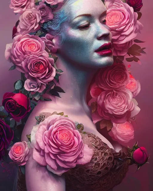 Image similar to portrait of christina hendricks with roses, baroque, roses, intricate abstract upper body intricate artwork, by tooth wu, wlop, beeple, dan mumford. concept art, octane render, deviantart, greg rutkowski, cinematic arthouse, key art, hyper realism, iridescent accents