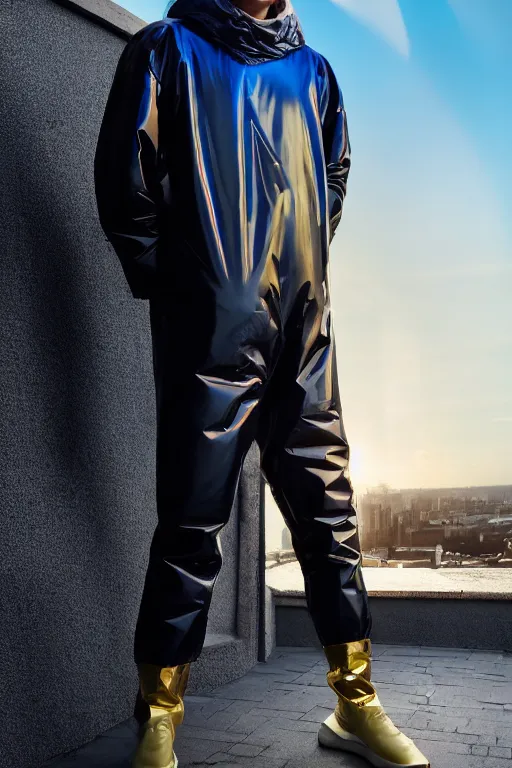 Prompt: un ultra high definition studio quality photographic art portrait of a young man standing on the rooftop of a british apartment building wearing opaque soft inflatable padded iridescent refractive utility clothing. three point light. extremely detailed. golden ratio, ray tracing, volumetric light, shallow depth of field. set dressed.
