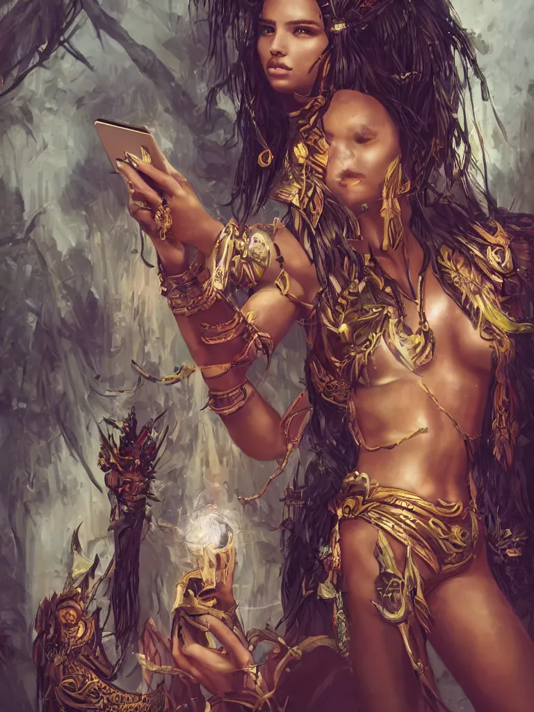 Image similar to portrait of nata lee as a beautiful warrior goddess in a tropical courtyard holding an iphone, decolletage, confident pose, coherent, insane detail, concept art, character concept, cinematic lighting, global illumination radiating a glowing aura