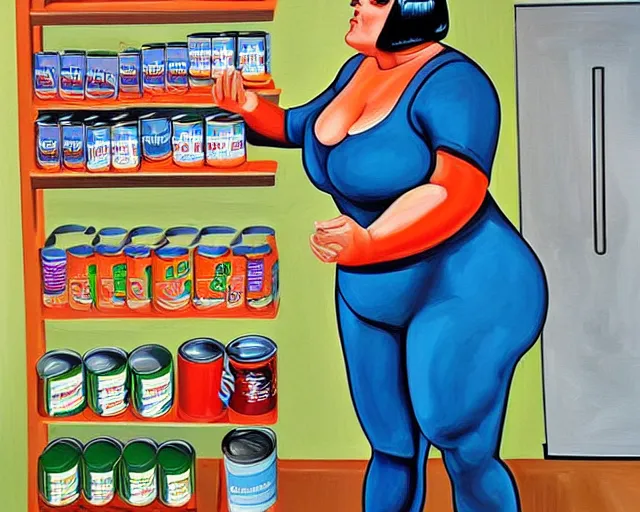 Image similar to BBW Cyborg Woman struggling to reach for a can of soup on the top shelf, art station painting