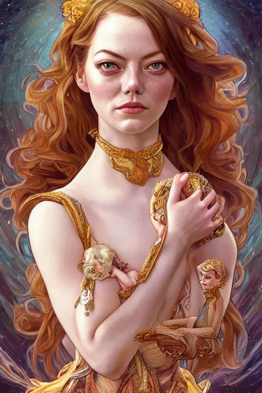 Prompt: Emma Stone as a Universal Goddess, cute, fantasy, intricate, elegant, highly detailed, digital painting, 4k, HDR, concept art, smooth, sharp focus, illustration, art by artgerm and H R Giger and alphonse mucha