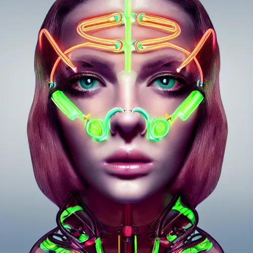 Prompt: very beautiful woman, bionic pupils!, full face frontal centered, portrait, detailed intricate symmetrical ornate neon cables connected to head, clear lips, luxurious long hair, sophisticated abundent!! neon wiring and implants, translucent!, porcelain, fractal, sci fi, dramatic lighting, photography, highly detailed, artstation, deviantart, 8 k, by chie yoshii