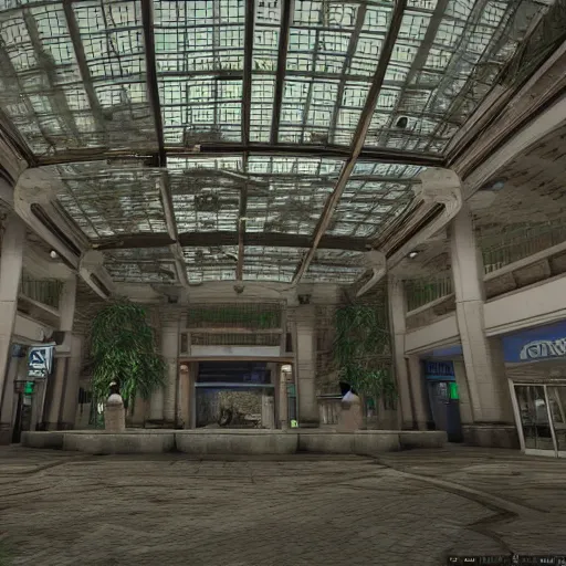 Prompt: abandoned mall at night, broken fountain, realistic, highly detailed, hd, unreal engine, guillermo del toro