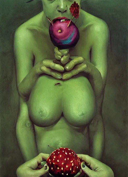 Image similar to Oil painting - She Eats of the Strangling Fruit and Her gossamer polyp blossoms bring iridescent fungal flowers whose spores black the foolish stars by Lucian Freud and Jenny Saville, Abstract brush strokes, Masterpiece, Edward Hopper and James Gilleard, Zdzislaw Beksinski, Mark Ryden, Wolfgang Lettl highly detailed, hints of Yayoi Kasuma