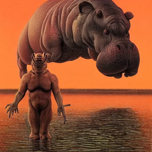 Prompt: anthropomorphic hippopotamus humanoid in orange robes by wayne barlowe, water temple, winter, fantasy