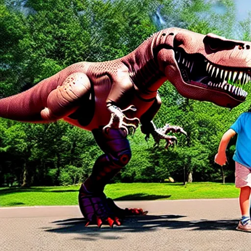 Prompt: a remote controlled giant t-rex being riden by kids, photorealistic, 8K, hyperrealistic