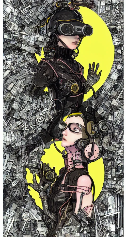 Prompt: full page scan, detailed concept art, Renaissance style, illustration, decay, mathematics and geometry, human, aesthetic, saturated, yellow and pink, vr headset, debased, portrait of a female cyborg cyberpunk gutter punk wearing vr goggles in the style of blame! manga