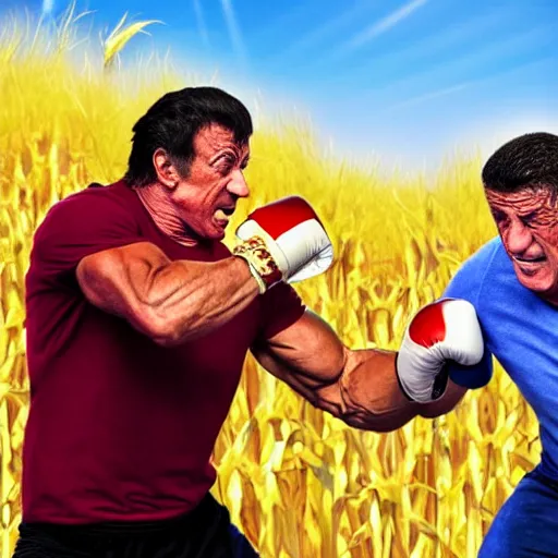 Image similar to Sylvester Stallone punching joe biden in a corn maze, 4k realistic photo