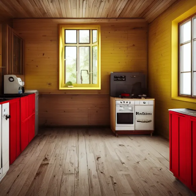 Image similar to kitchen interior in a wooden a frame cabin, yellow cabinets and white walls, red vintage fridge, large window in back, leather couch, realistic, unreal engine render, octane render, hyper realistic, photo, 8 k