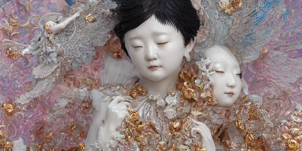 Prompt: A photo-real delicate ceramic porcelain sculpture of an ornate detailed angel in front of a intricate background by Victo Ngai and takato yamamoto, micro detail, backlit lighting, subsurface scattering, translucent, thin porcelain, octane renderer, colorful, physically based rendering, japanese pottery, colorful trending on cgsociety 'H 1024