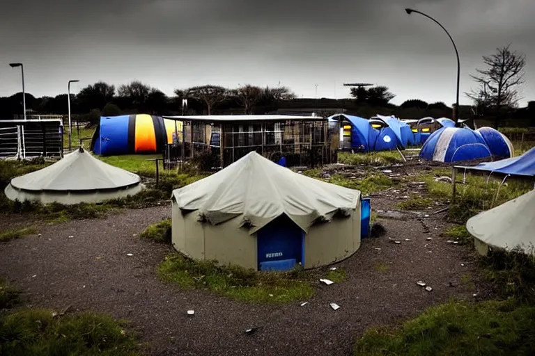 Prompt: post apocalyptic over grown leisure centre being used as shelter, night!!!! dusk, evening, dark, barrel fires and tents, low light