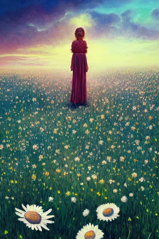 Prompt: giant white daisy flower head, girl standing in a flower field, surreal photography, sunrise, dramatic light, impressionist painting, colorful clouds, digital painting, artstation, simon stalenhag