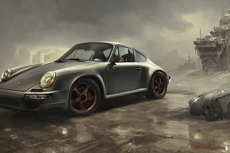 Image similar to dieselpunk porsche 911, highly detailed, digital painting, artstation, concept art, sharp focus, illustration, art by raphael lacoste and greg rutkowski