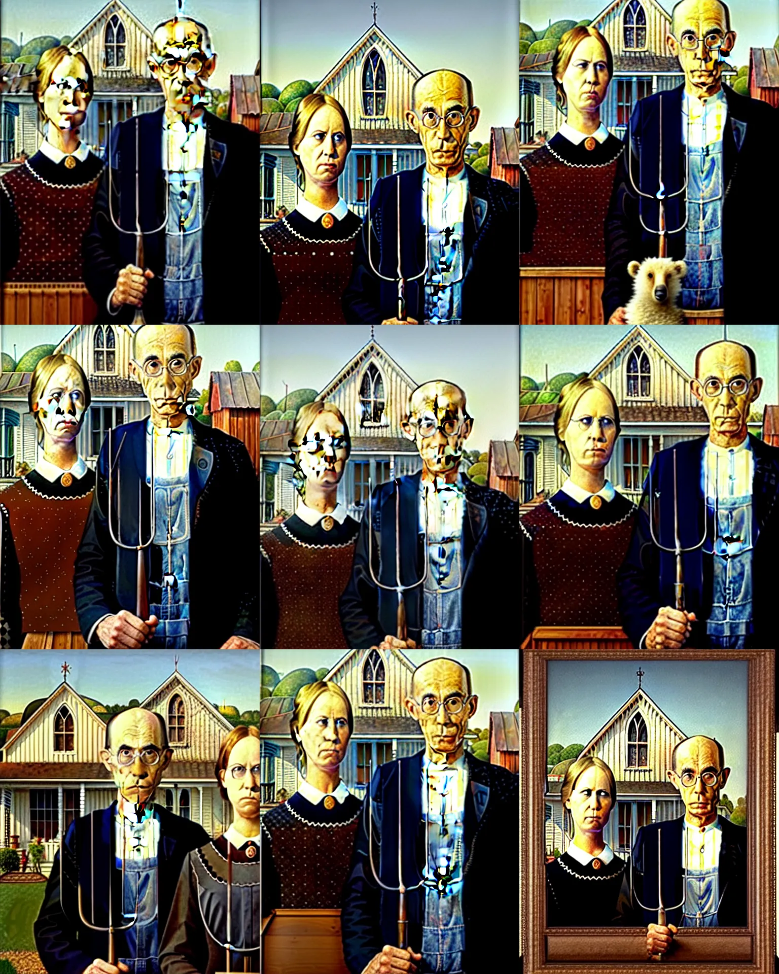 Prompt: american gothic by grant wood, only with bears instead of people, painting, highly detailed, masterpiece, 8 k