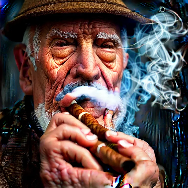 Image similar to a detailed portrait of an old man, smoking a perfectly symmetrical cuban cigar, cinematic photography, smoke rising like clouds, beautifully symmetrical, super resolution, cgi, trending on art station, volumetric lighting & shadows, hyper detailed, 8 k, unreal engine, canon 2 0 0 mm,