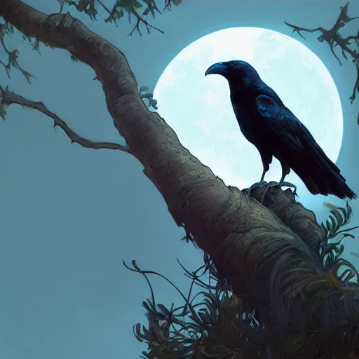 Image similar to crow on tree in front of the full big moon, highly detailed, digital painting, artstation, concept art, smooth, sharp focus, illustration, Unreal Engine 5, 8K, art by artgerm and greg rutkowski and alphonse mucha