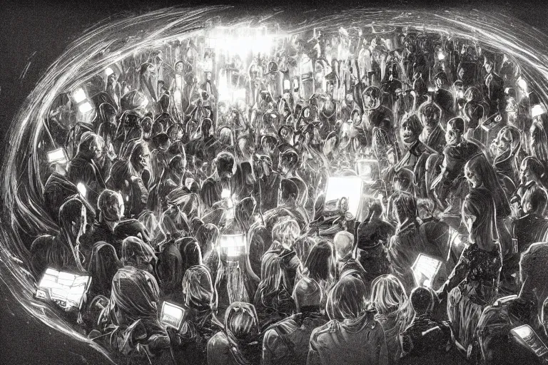 Prompt: intricate and dramatic sketch of meeting of a group of people, who believe that a small secret group of people is responsible for making all major decisions in world politics, hyperdetailed, 80mm lens, by Greg Rutkowski and guweiz, white ink sketch on black paper