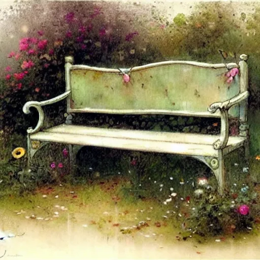 Prompt: ( ( ( ( ( beautiful garden bench. muted colors. ) ) ) ) ) by jean - baptiste monge!!!!!!!!!!!!!!!!!!!!!!!!!!!