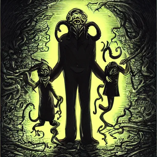 Image similar to Cthulhu as a modern day business man with a family and a drug and gambling addiction, necronomicon is the family Bible , Junji Ito and Greg rutkowski, psychedelic , 50s style infomercial , award winning , retro futuristic